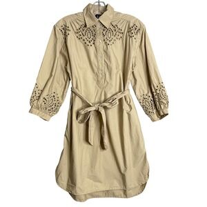 Gap Eyelet Mini‎ Shirtdress Womens XXS Khaki Tan Elbow Puff Sleeves Preppy 2024